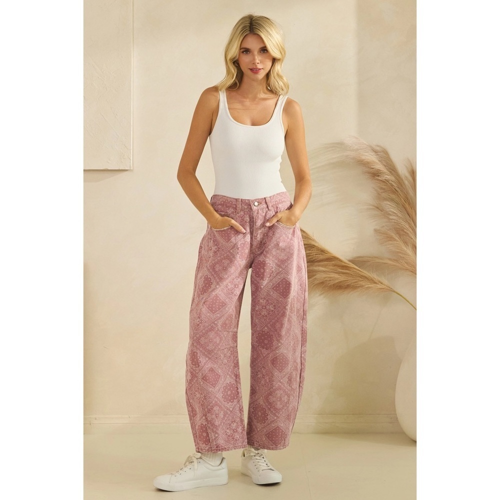 Veveret Washed Blush red Paisley Patterned Barrel Jeans